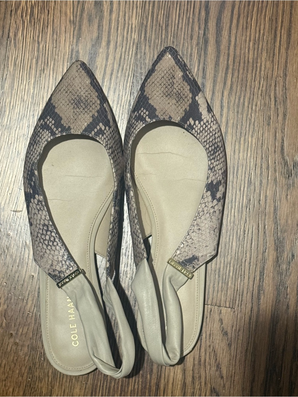 Cole Haan Taupe Snake-Print Pointed Slingback Flats